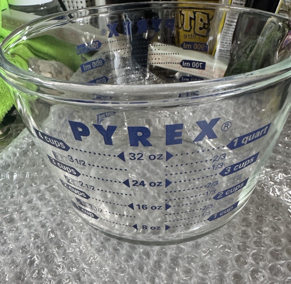 # Vintage #Pyrex 4Cup 1Qt Large Glass Measuring Cup Blue Print #USA Corning
